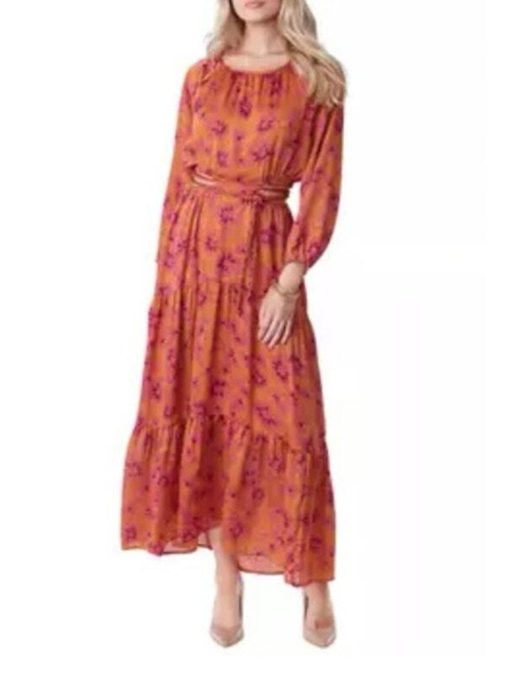 Jessica Simpson Orange Maxi Dress with Pink Floral Print